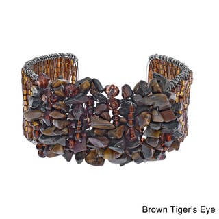 Vibrant Multi-stone/ Lapis/ Tiger's Eye/ Coral Cluster Glass Beaded Cuff Bracelet (Thailand)