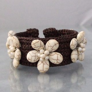 Cotton Reconstructed Turquoise/ Pearl Flower Cuff (3-5 mm) (Thailand)