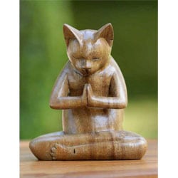 (^_-) Suar Wood 'Kitty Cat Prayer' Sculpture (Indonesia)