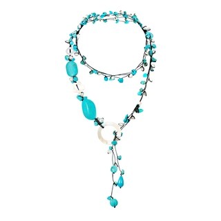 Cotton Rope Pearl/ Turquoise/ MOP Long Necklace (5-9 mm) (Turquoise)