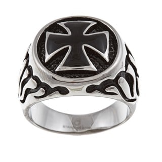 Stainless Steel Men's Cross and Flame Ring