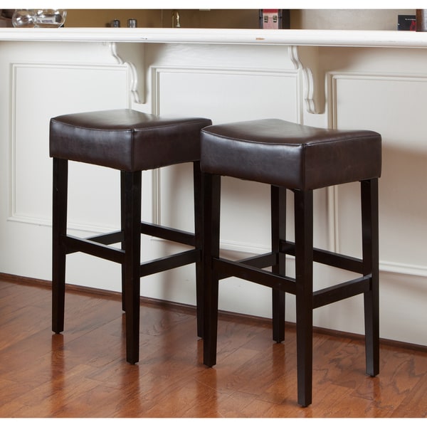 Wooden Bar Stools Leather Set of 2 Brown Backless Counter Height Accent