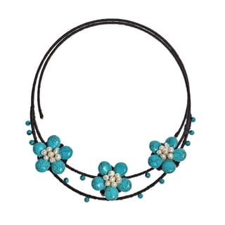 Cotton Turquoise/ Pearl Flower Choker Necklace (4-5 mm) (Thailand)