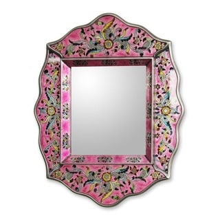 See Reviews Handcrafted Reverse Painted Glass 'Pink Floral' Wall Mirror (Peru)