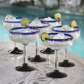 Set of 6 Blown Glass 'Blue Roots' Margarita Glasses (Mexico)