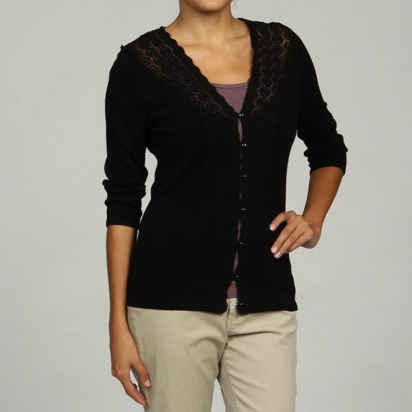 Red Label Women's Black Crochettrim 3/4sleeve Cardigan Overstock