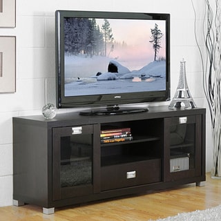  63 Inches Dark Brown Wood TV Cabinet with 4 Glass Doors and 2 Drawers