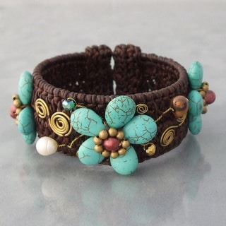 Gemstone and FW Pearl Floral Woven Cuff Bracelet (5-8 mm)(Thailand)