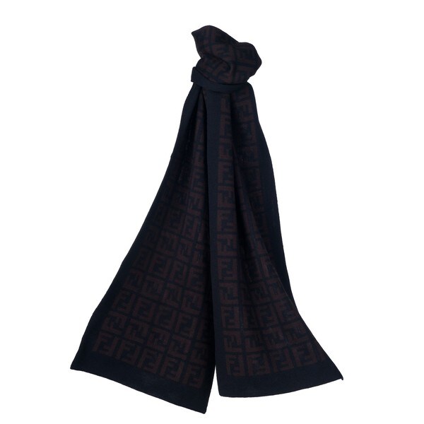 Fendi Black/Brown Zucca Reversible Wool Scarf Fendi Designer Scarves & Wraps