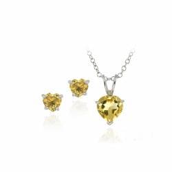 Glitzy Rocks Sterling Silver Citrine Solitaire Heart Earring and Necklace Set