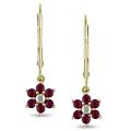 10k Yellow Gold Created Ruby and Diamond Flower Earrings