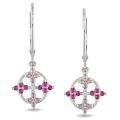 10k White Gold Created Ruby, Pink Sapphire and Diamond Earrings