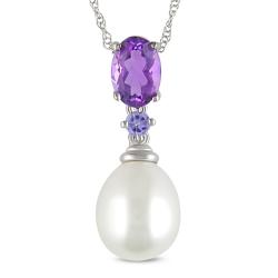 10k Gold Freshwater Pearl, Amethyst, and Tanzanite Necklace (8-9 mm)