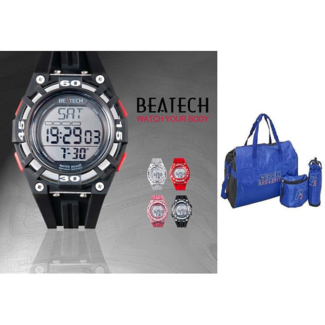 Beatech Black/ Red Button Heart Rate Monitor Watch with Russell Athletic 3-piece Work-out Set