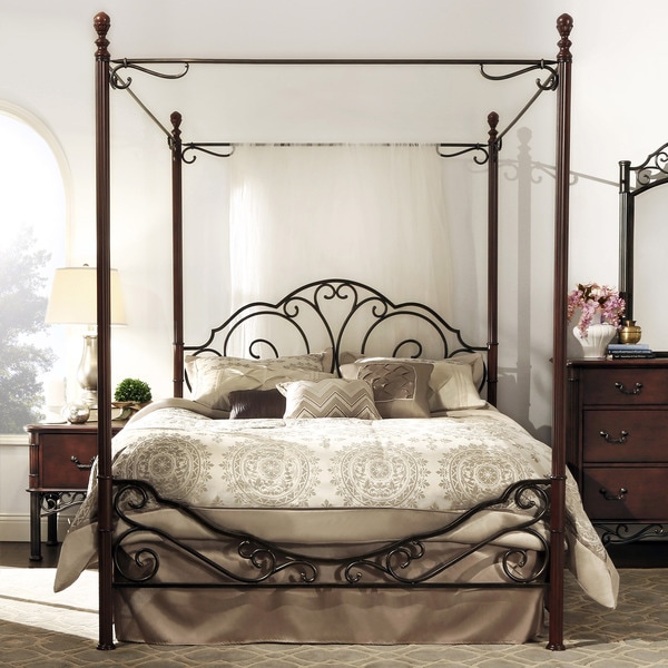 ... HOME LeAnn Graceful Scroll Iron Metal King-sized Canopy Poster Bed