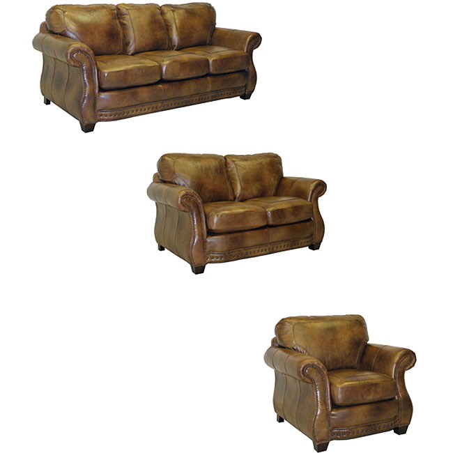 Sterling Cognac Brown Italian Leather Sofa, Loveseat and Chair