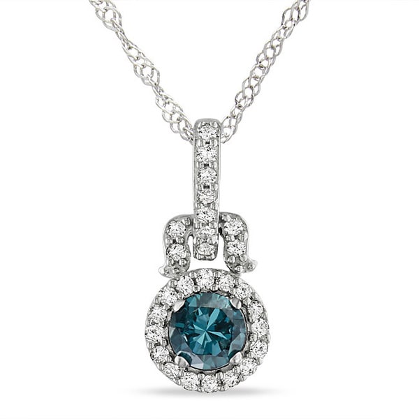 ... 14k White Gold 14ct TDW Blue and White Diamond Halo Necklace ( I1