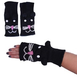 Handwoven Black Fully Lined Cat-face Wool Arm Warmers (Nepal)-Image