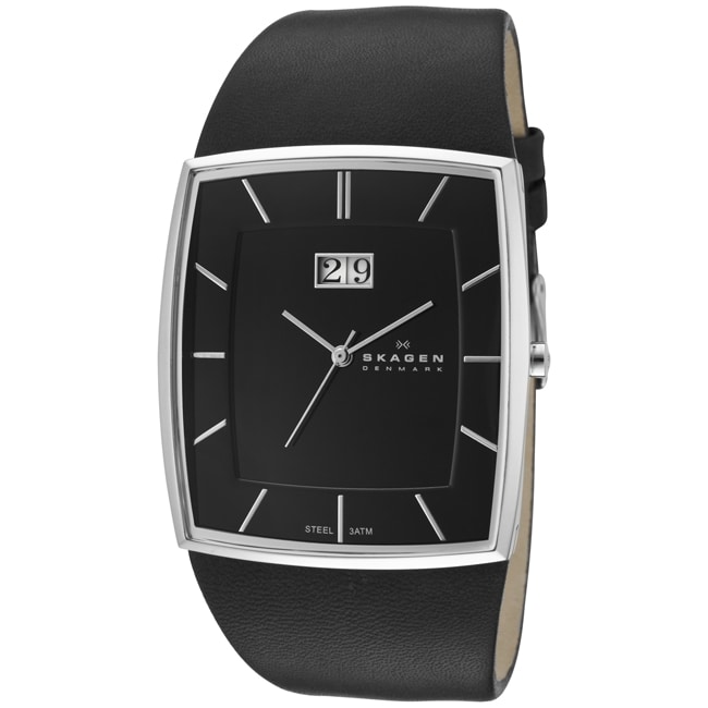 Skagen Men's 567LSLB Black Rectangular Dial Black Leather Watch