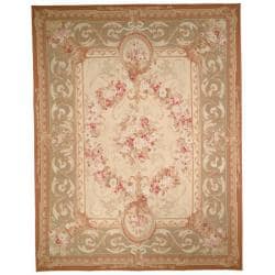 Hand-knotted French Aubusson Weave Ivory Taupe Wool Rug (12' x 18')