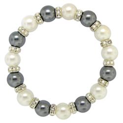 Silvertone Metal White and Grey Faux Pearl Stretch Bracelet