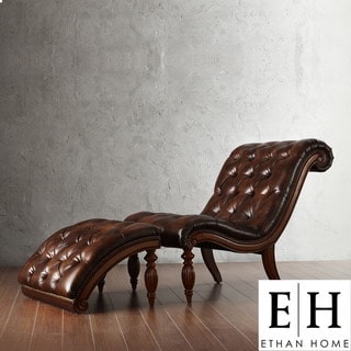 ETHAN HOME Bellagio Classic Brown Bonded Leather Tufted Chaise with Ottoman