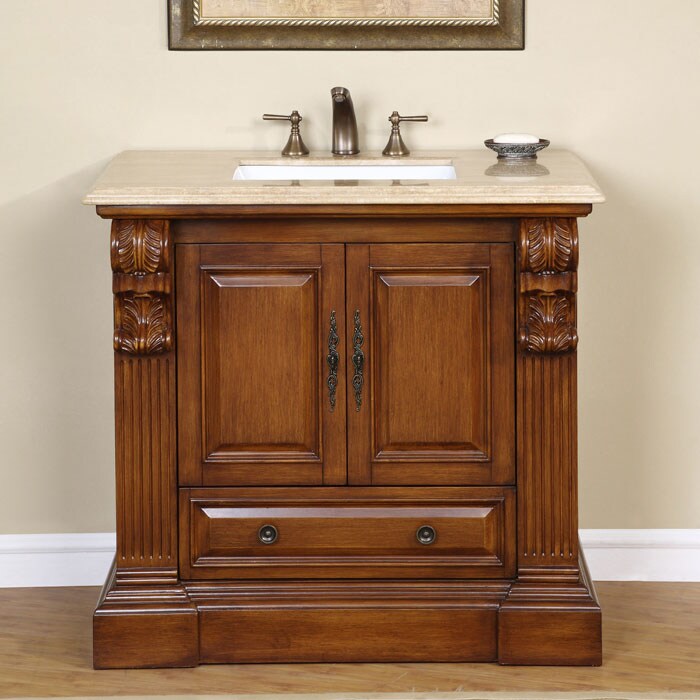 Silkroad Exclusive Travertine Stone Top Bathroom Single Vanity Lavatory Sink Cabinet 385 Inch