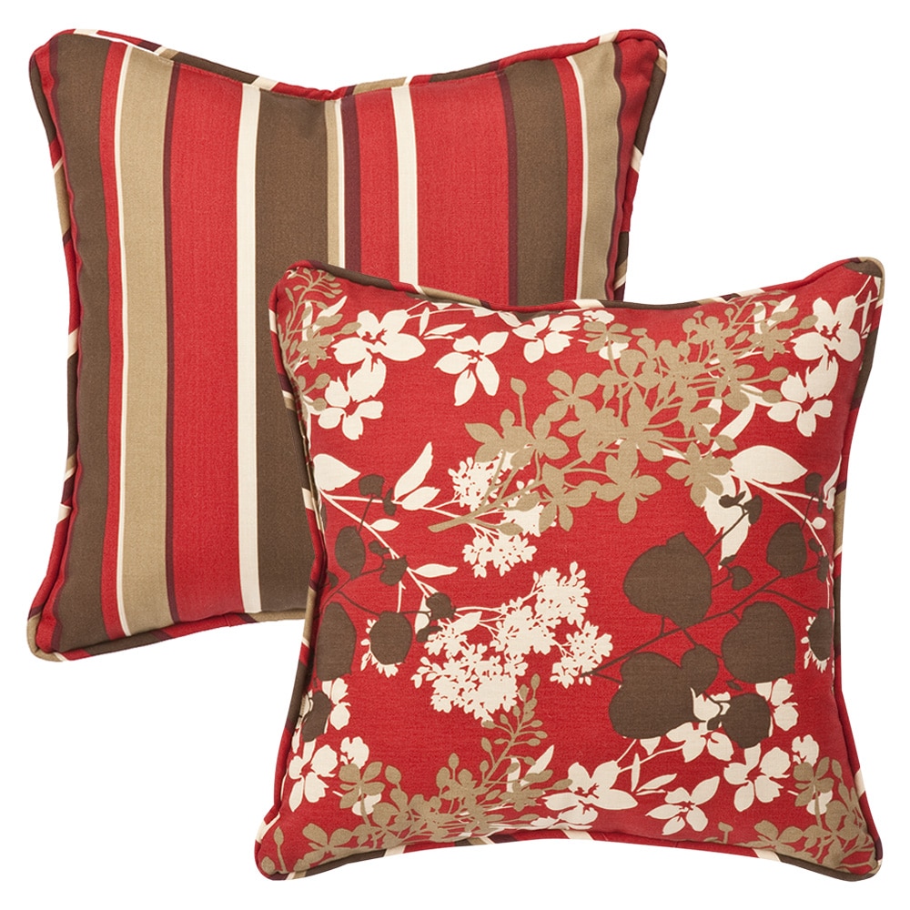 Pillow Perfect Outdoor Red /Brown Floral/ Stripe Toss Pillows (Set of 2