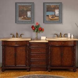 (^_-) Silkroad Exclusive 84-inch Travertine Double Vanity with LED Lighted Cabinet