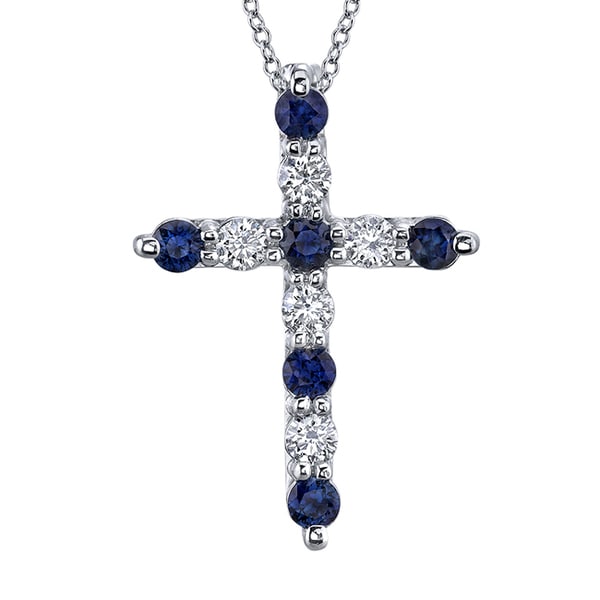 14k White Gold Sapphire and 34ct TDW Diamond Cross Necklace (H-I; SI2 ...