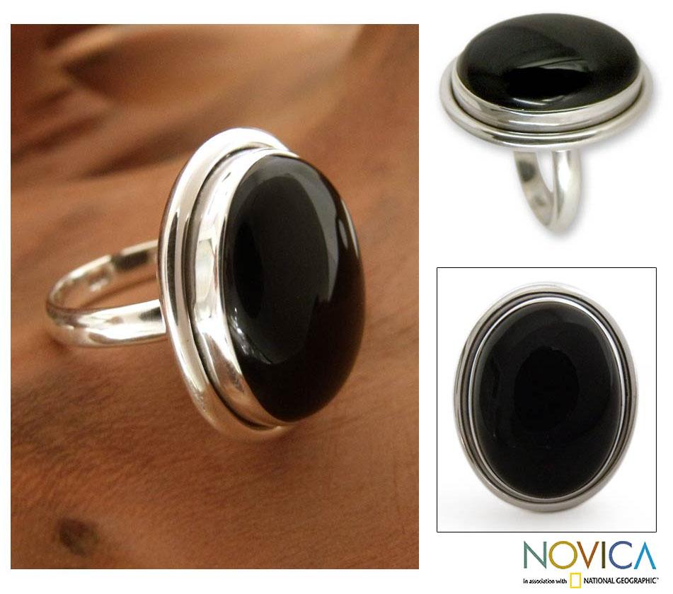 Sterling Silver 'Universe' Onyx Cocktail Ring (India)