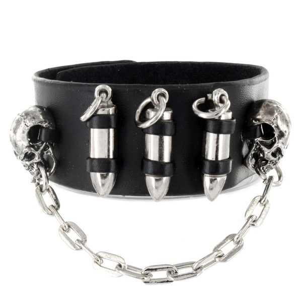 Black Leather Metal Skull and Bullet Bracelet West Coast Jewelry Men's Bracelets