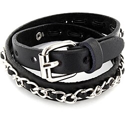 Black Leather and Stainless Steel Chain Bracelet-Image