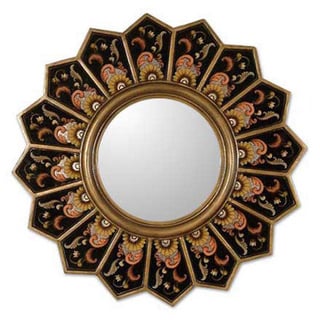 ( ._.) Glass Cedar Wood 'Sunflower Fan' Mirror (Peru)
