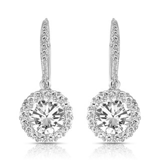 Collette Z Sterling Silver Clear Cubic Zirconia Round Halo Drop Earrings