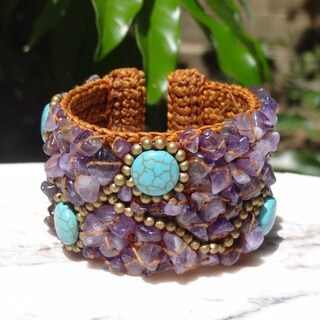 Turquoise and Amethyst 'Mai' Bead Cuff Bracelet (Thailand)