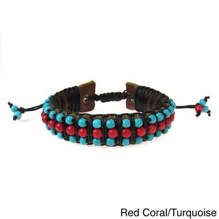 Red Coral or Pearl and Turquoise Leather Bracelet (Thailand)