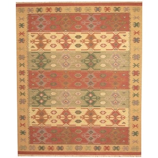Herat Oriental Indo Hand-woven Kilim Green/ Red Wool Area Rug (8 x 10)