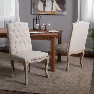 See Reviews Christopher Knight Home Beige Tufted Fabric Weathered Hardwood Dining Chairs (Set of 2)