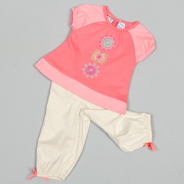 Baby Togs Toddler Girl's Peasant Top with Embroidery Khaki Capri