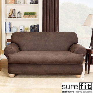 Sure Fit Brown Stretch T-Cushion 2-piece Loveseat Slipcover-Image