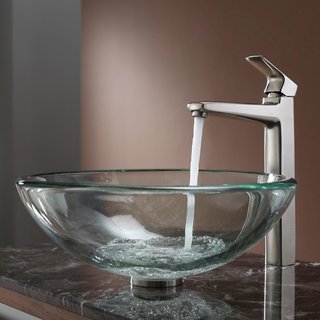 Kraus Clear 19mm thick Glass Vessel Sink and Virtus Faucet Brushed Nickel