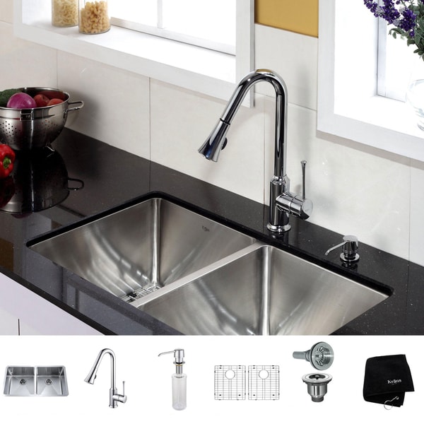 Kraus 33 inch Undermount Double Bowl Stainless Steel Kitchen Sink with ...