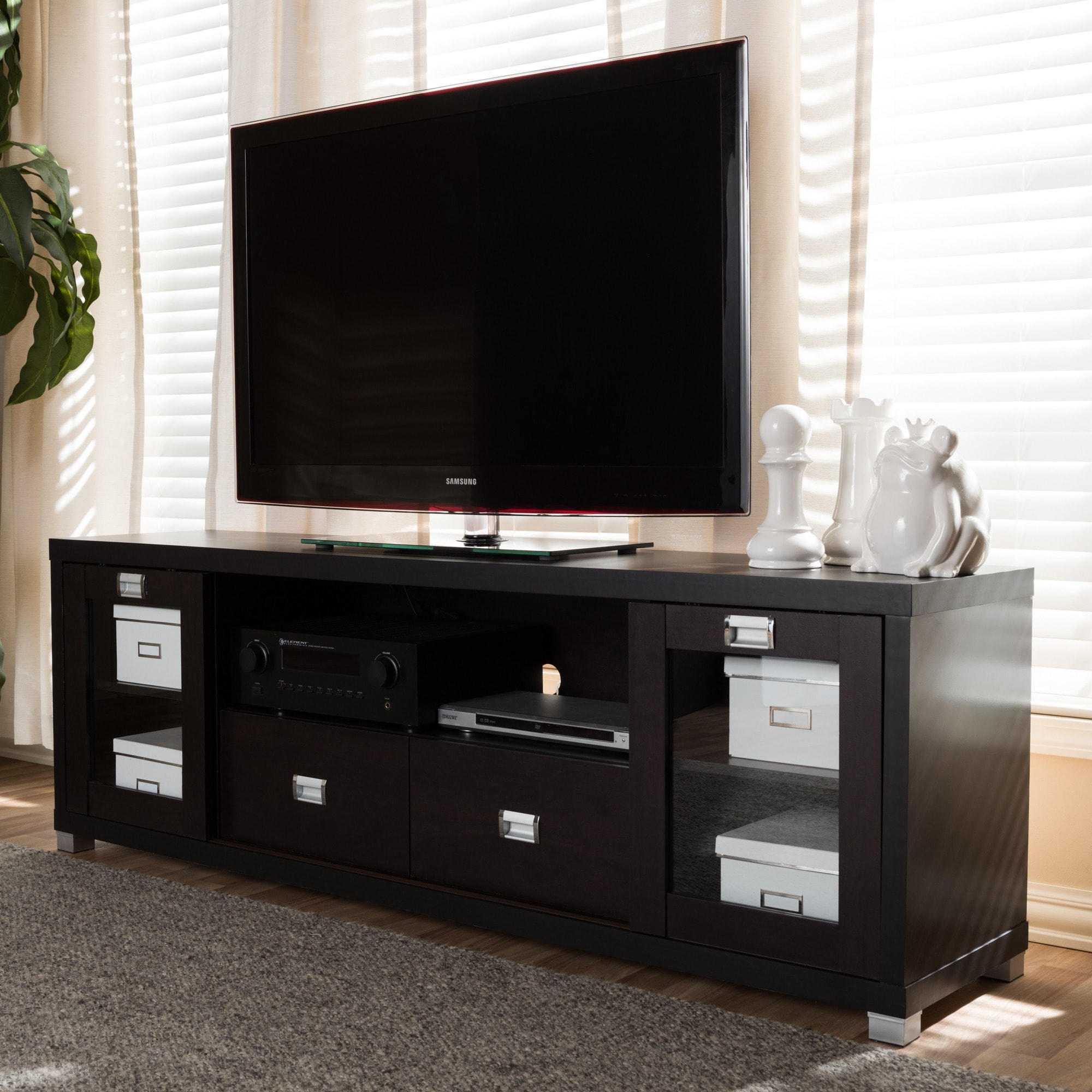 Contemporary Dark Brown Wood TV Stand By Baxton Studio Silver Modern