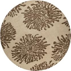 (>_<)  Hand-tufted Contemporary Ivory/Brown Danka New Zealand Wool Abstract Rug (8' Round)