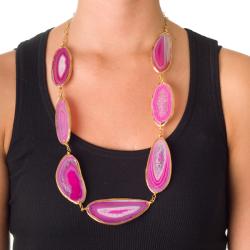 Goldtone Wire-wrapped Pink Sliced Agate Necklace