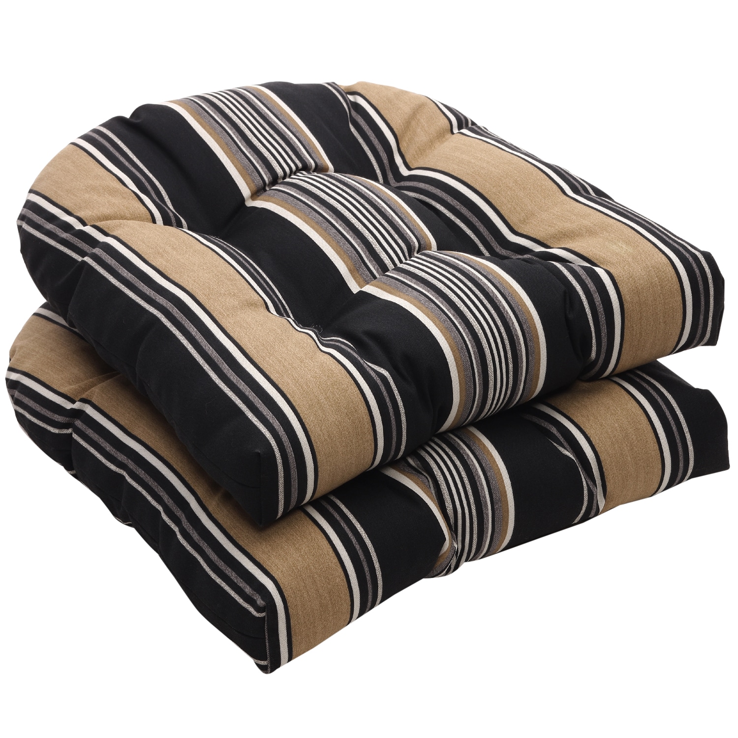 Outdoor Black and Tan Stripe Wicker Seat Cushions (Set of 2