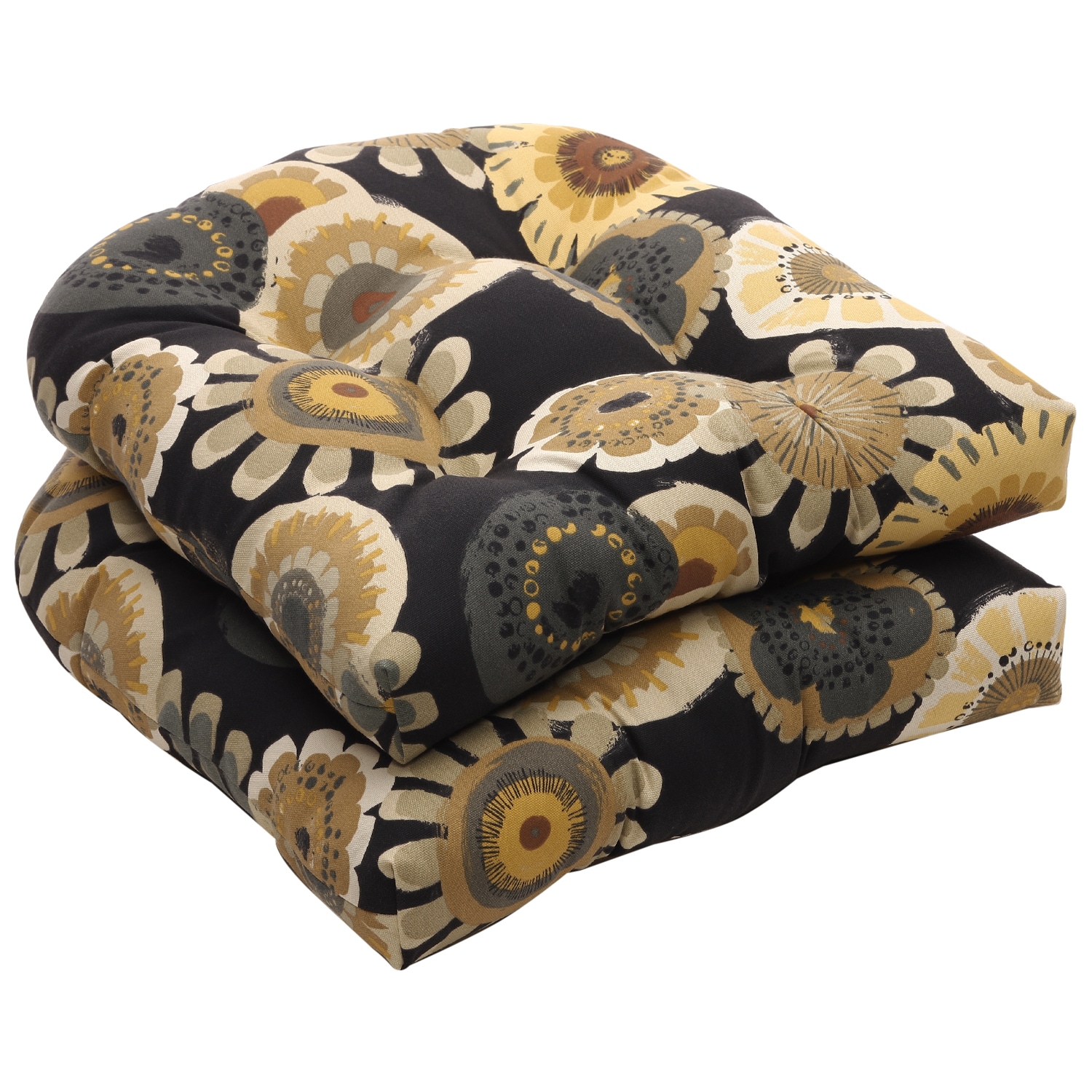 Outdoor Black and Yellow Floral Wicker Seat Cushions (Set of 2