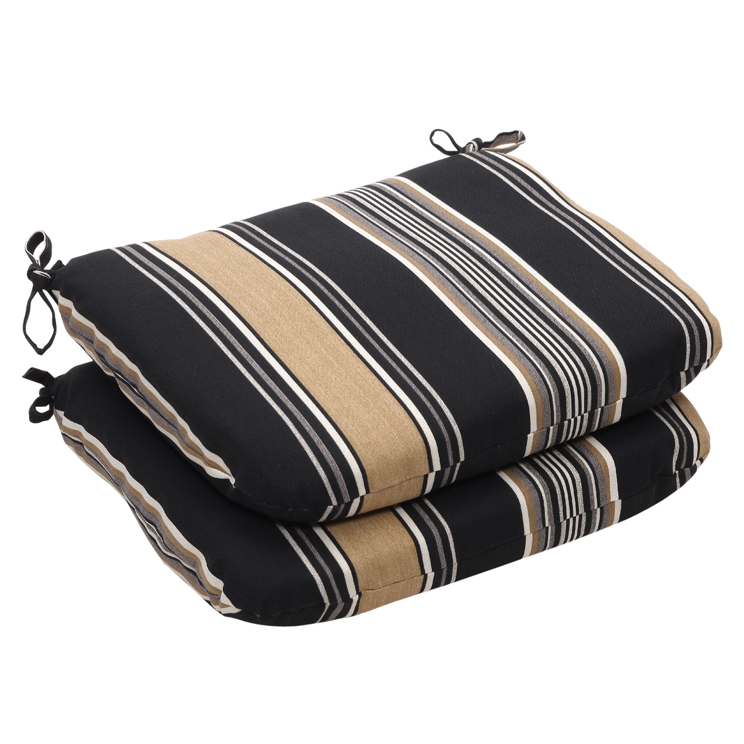 Outdoor Black and Tan Stripe Rounded Seat Cushion (Set of 2) 14095872