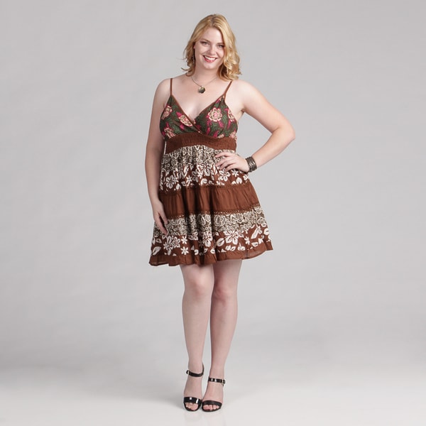 Meetu Magic Women's Plus Size Cotton Mixed Print Tiered Dress